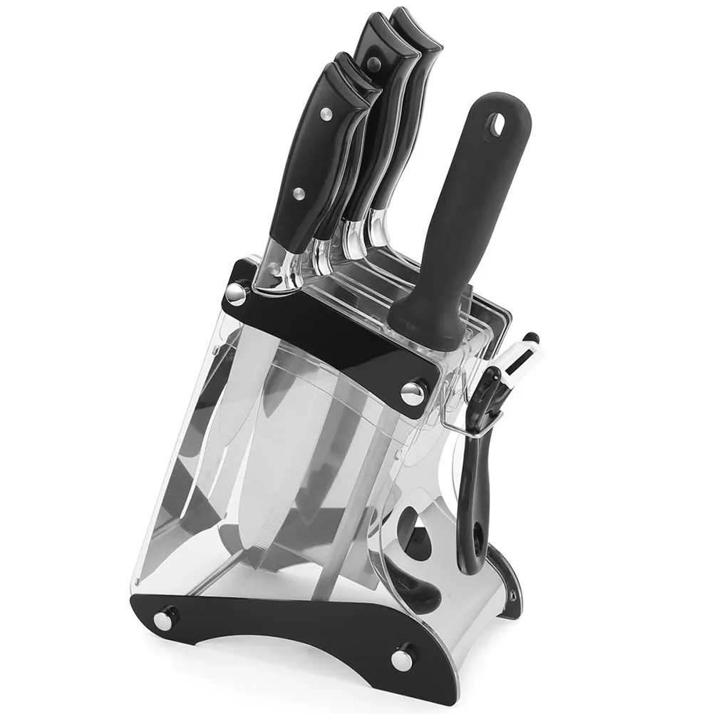 Multi-Slots Kitchen Knife Rack Transparent Acrylic Stainless Steel Holder Tilt Style Inserted Organizer for Desktop Kitchen