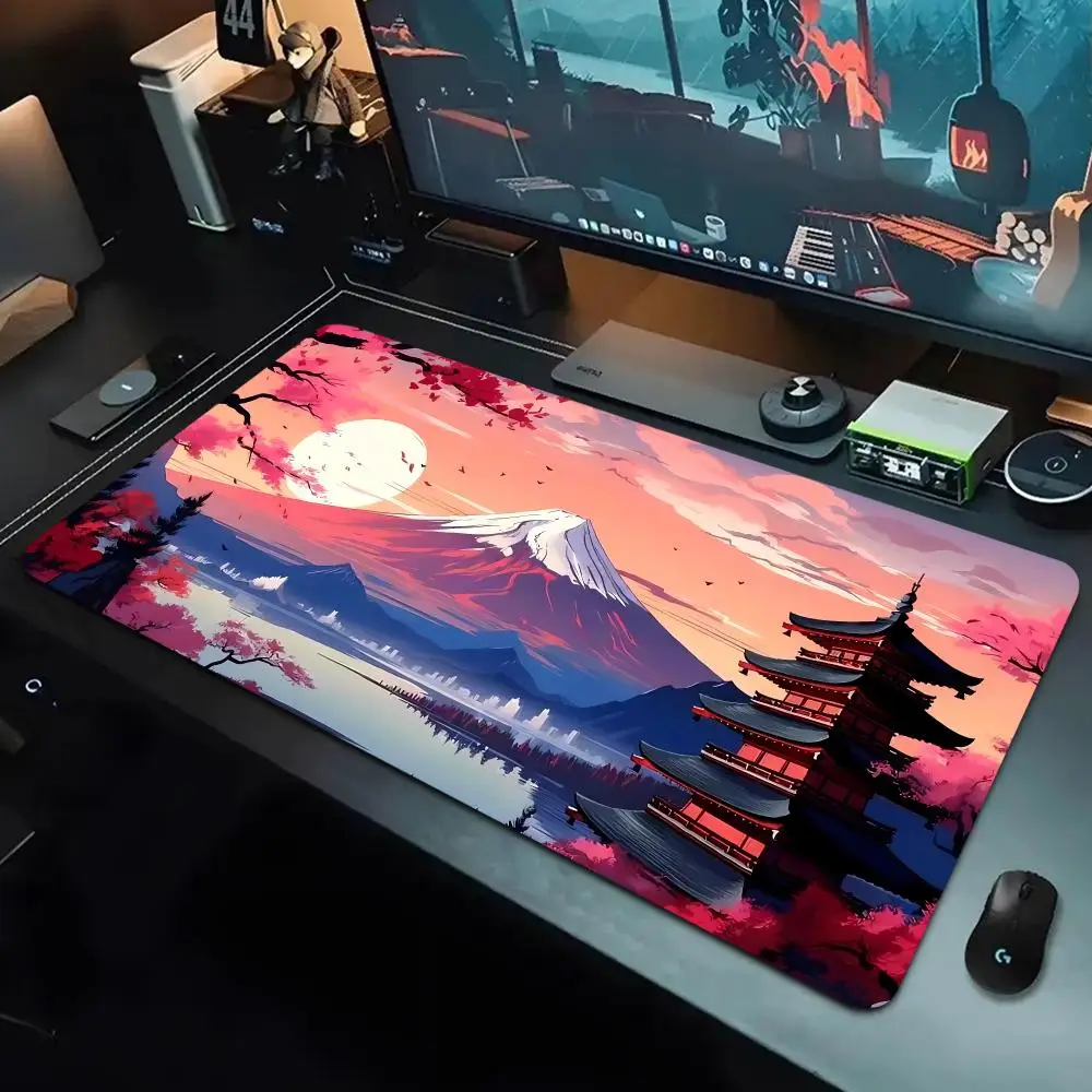 Theme game table mat - Featuring the design of Mount Fuji, cherry blossoms and pagodas, with anti-slip rubber bottom