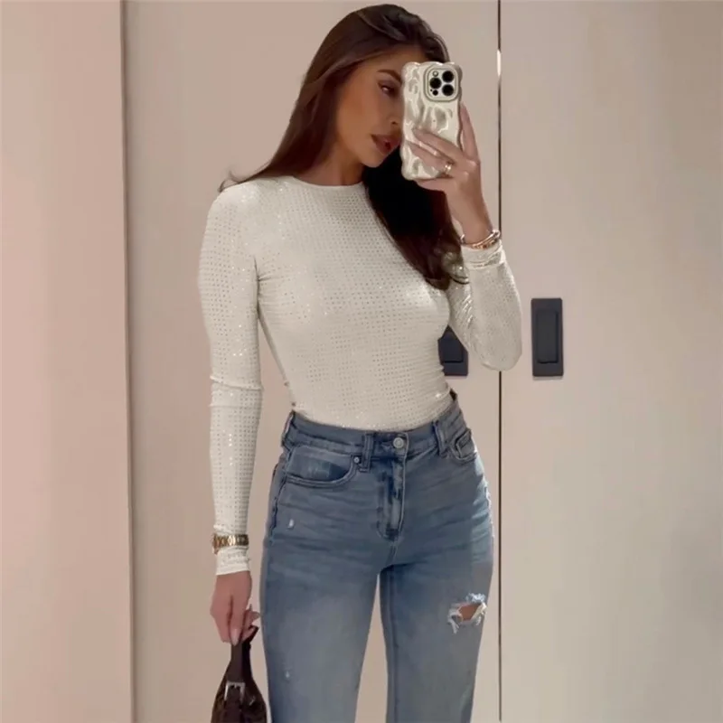 INS2025 Spring New Women's Fashion Crew Neck Long Sleeve Hot Diamond Slim Short T-Shirt Women