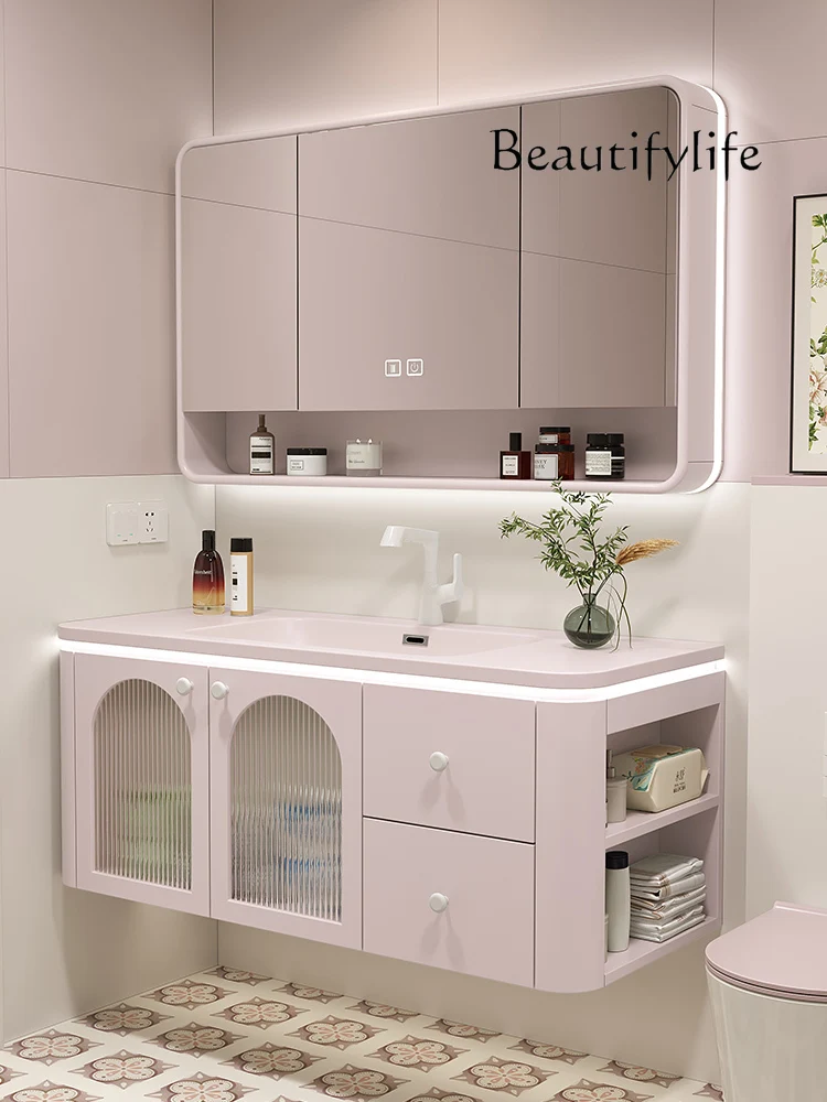 

French Retro Affordable Luxury Bathroom Cabinet Side Storage Pink Washstand Glass Door Wash Basin Cabinet