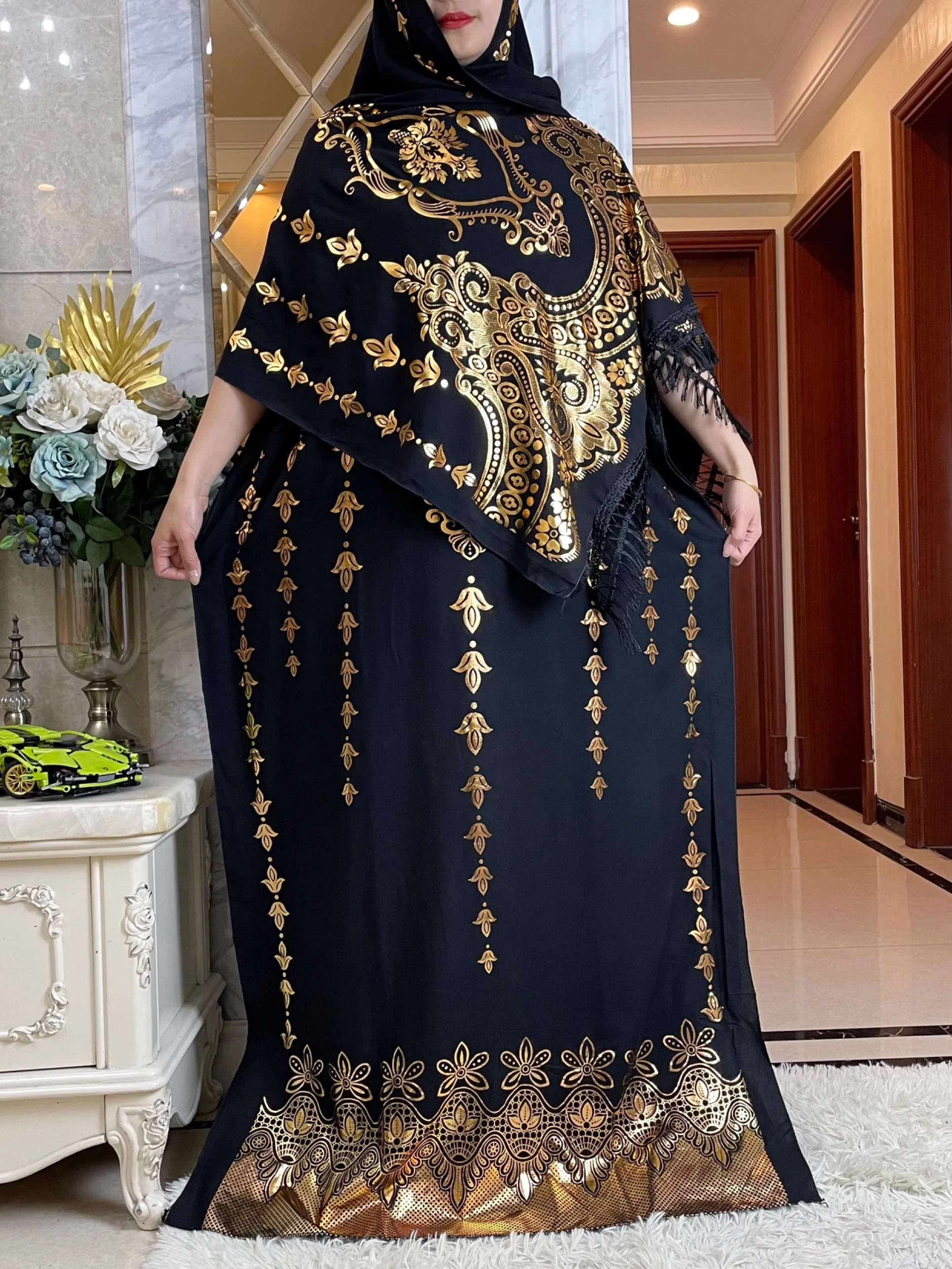 Vestido largo de algodón para mujer, Túnica musulmana de manga corta con estampado dorado, holgada con bufanda grande, Abaya africana, 2024