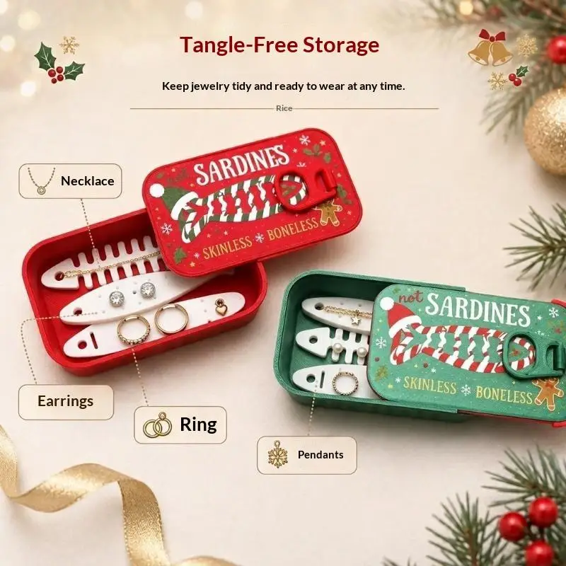 4 Stück Weihnachts-Sardinen-Schmuckbox, 3D-gedruckter Fischgräten-Einsatz, langlebiger, leichter Aufbewahrungsorganizer für Reise-Schmuckstücke und Ohrringe – Detail 3
