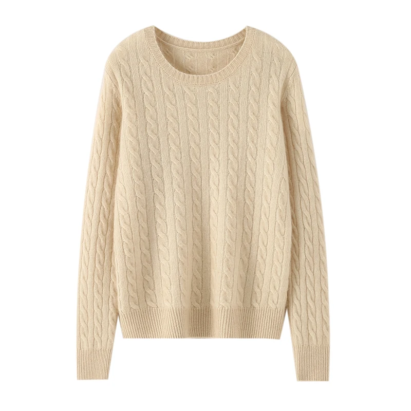 Simple Autumn Winter O-Neck Twist 100% Cashmere Knitted Women Solid Color Pullover Casual Long Sleeve Thick Warm Base Layer Top