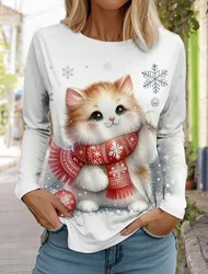 Christmas Women's Long Sleeved T-shirt Casual Fashion Christmas Cute Cat&Dog Holiday gifts Tops Harajuku Animal Women's Clothing