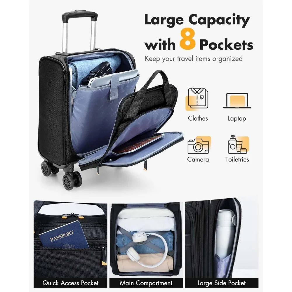 Lekebobor Underseat Carry On Luggage with Spinner Wheels,16 Inch Softside Suitcase with Detachable Sleeve, Lightweight Travel Lu