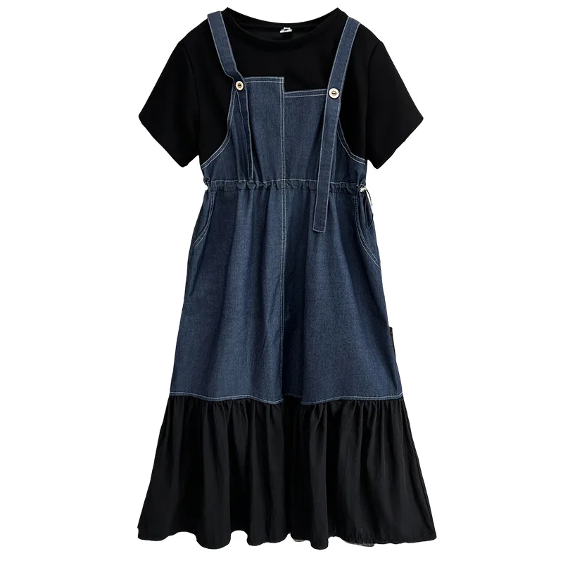

Plus Size Women Summer Fashion 100KG Drawstring Waist Denim Patchwork Black Short Sleeve Dress 1671