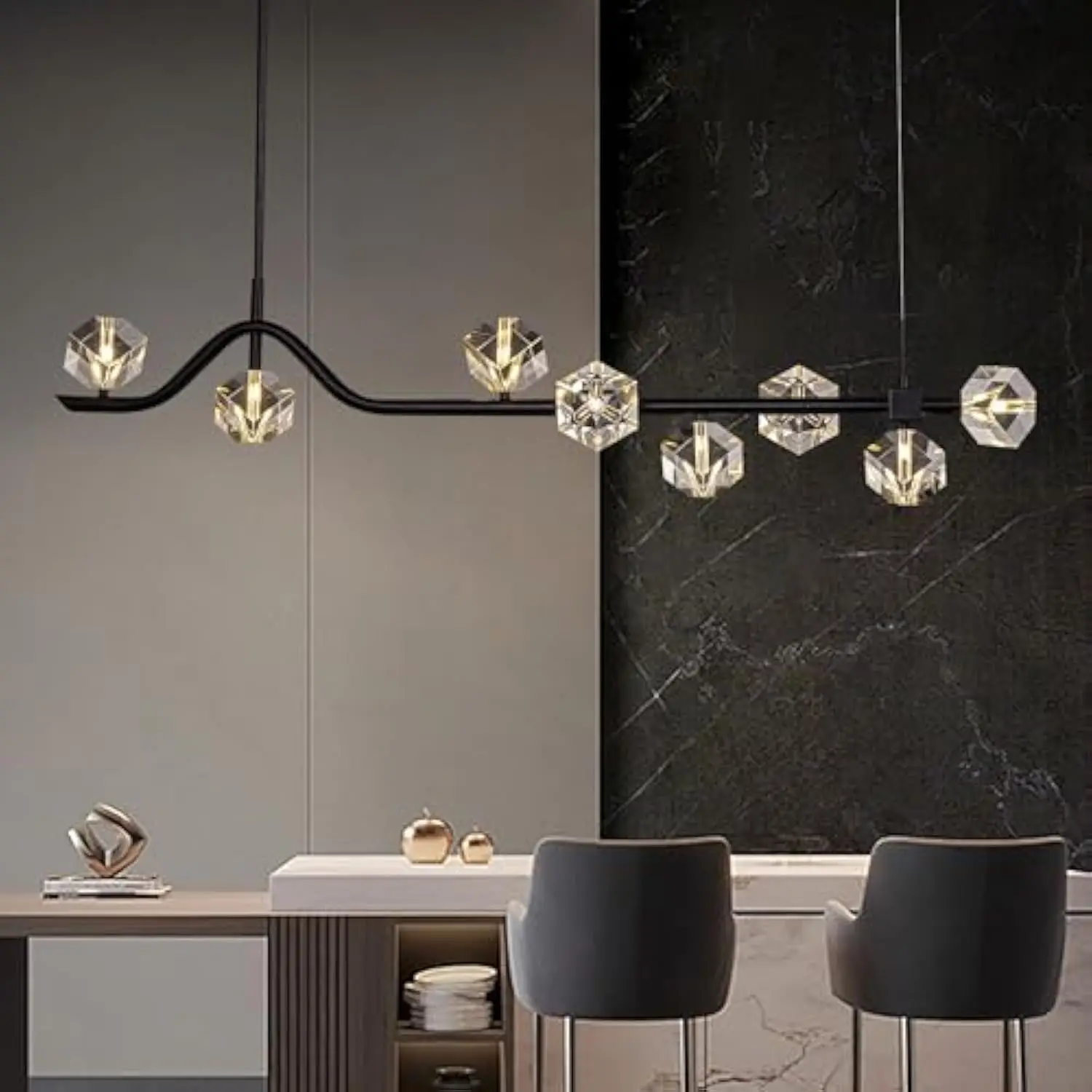 

L47.2 Black Modern Crystal Chandeliers for Dining Room，Linear Rectangle Chandelier Light Fixtures,8 Lights Modern Ceiling Light