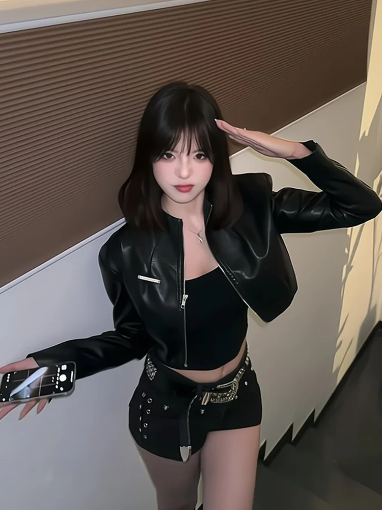 

Cool Short Biker Jacket Women's Autumn Fashion Black Zipper PU Leather Coat Spicy Girl Stand Collar Jacket Motorcycle Style