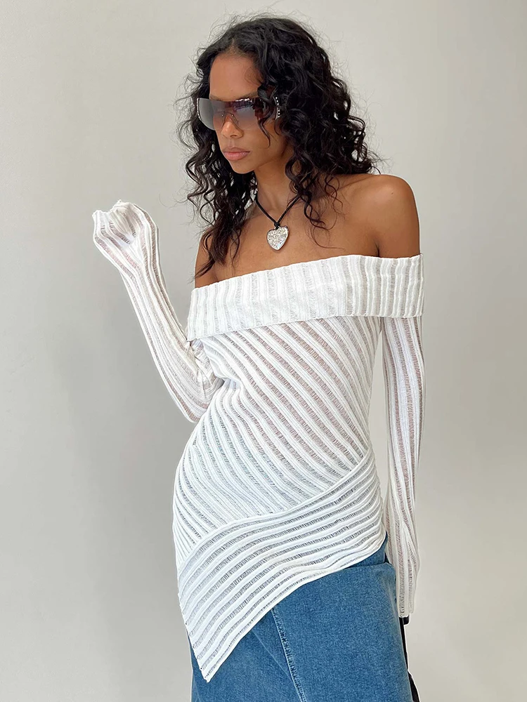 Mozision Off-shoulder Backless White T-shirt Women 2023 Autumn Winter New Irregular Backless Long Sleeve Sexy Tee Shirt Tops