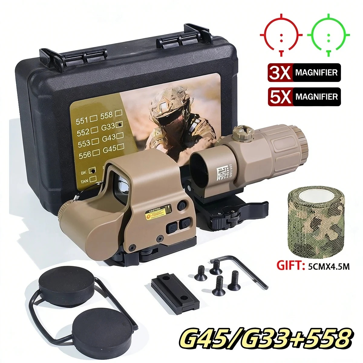 

G33/G45+558 Red Dot Collimator Holographic Sight 3X 5X Magnifier Tactical Reflex Rifle Scope W/20mm Rail Mounts & QD Lever