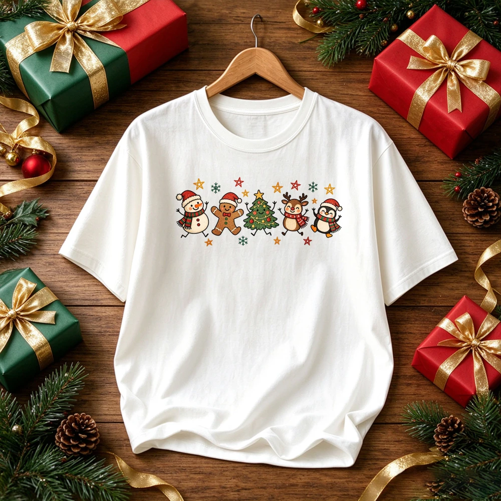 Cute Christmas Character Graphic T-Shirt Snowman Gingerbread Man Xmas Tree Reindeer Penguin Star Print Funny Holiday Casual Tees