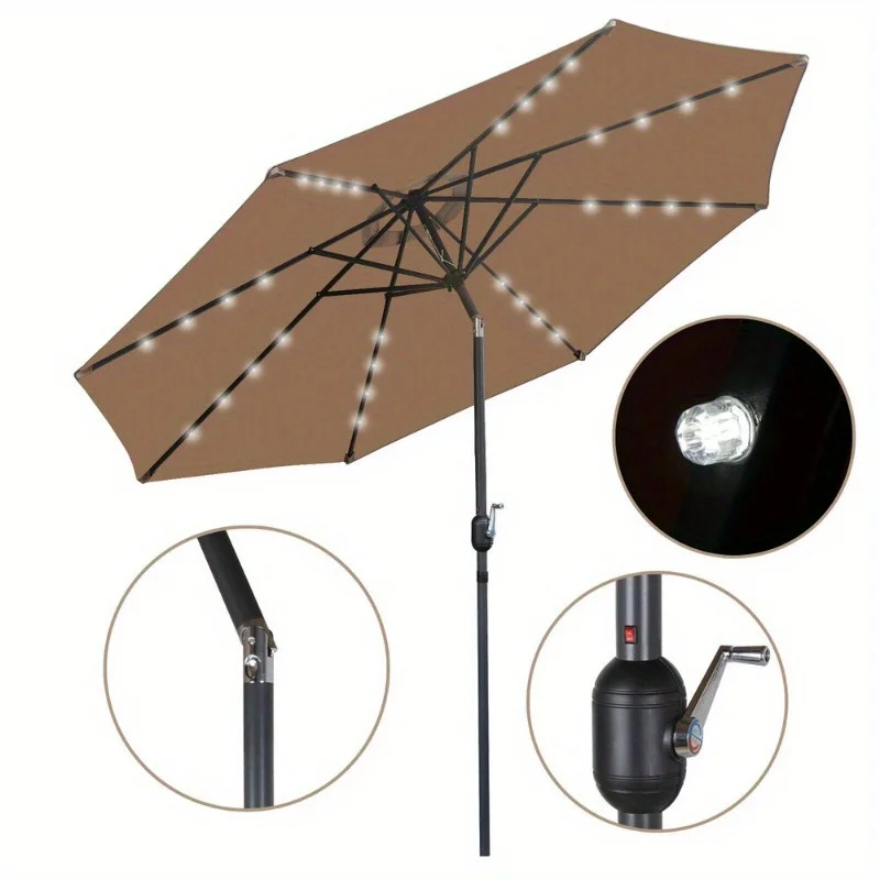 10FT Patio Umbrella 32LED Lights Powered Solar Umbrella Market Steel w/8 Rib Tan