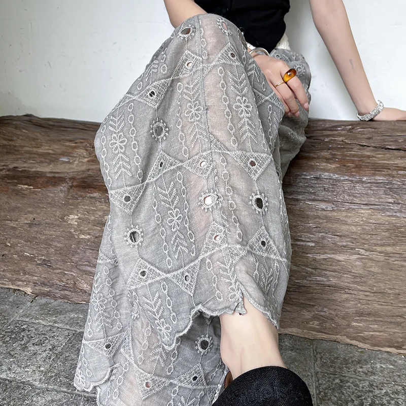 

2026 New Arrival Women's Slimming Wide Leg Pants Lightweight Embroidered Crochet Lace Cropped Straight Trousers for Summer