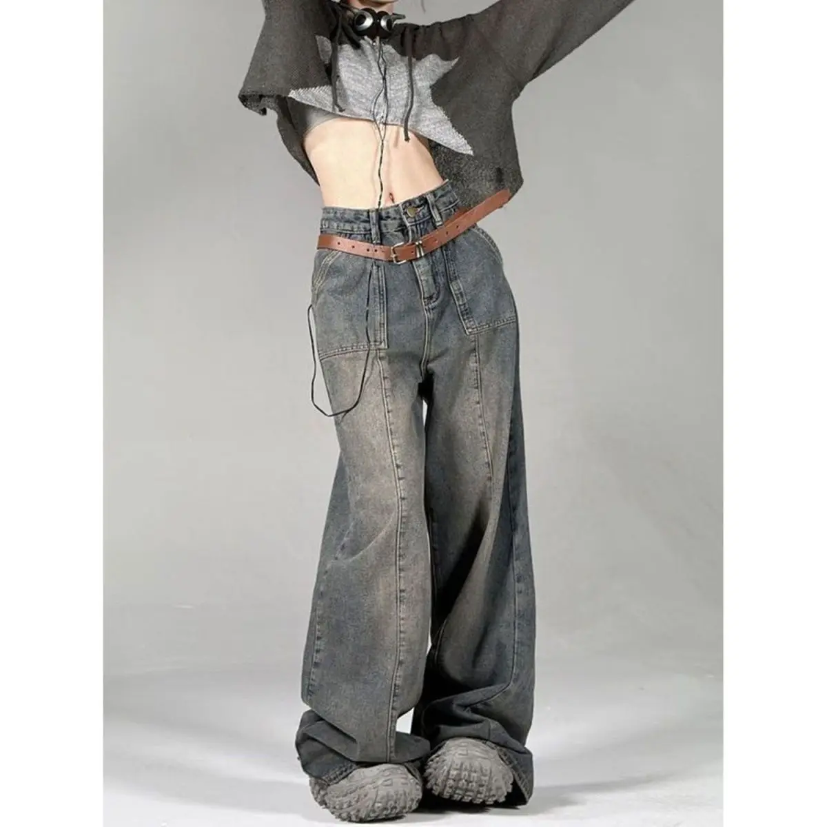 Street American retro made wide leg personalized jeans women slimming design high street loose straight leg casual pants y2k