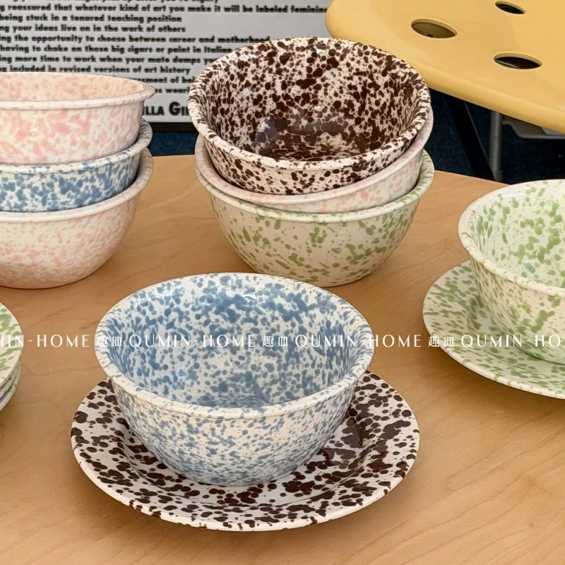 Classic Ink Splashed Ceramic Bowl, Home Yogurt Oat Salad Rice Bowl, High Appearance Tableware, Breakfast Bowl