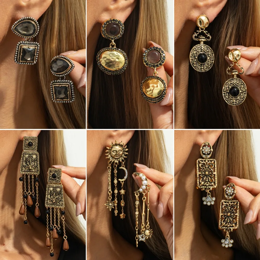 Retro Court Style Engraved Flowers Imitation Gemstone Long Fringed Dangle Earrings for Women Luxury Temperament Earrings Jewelry