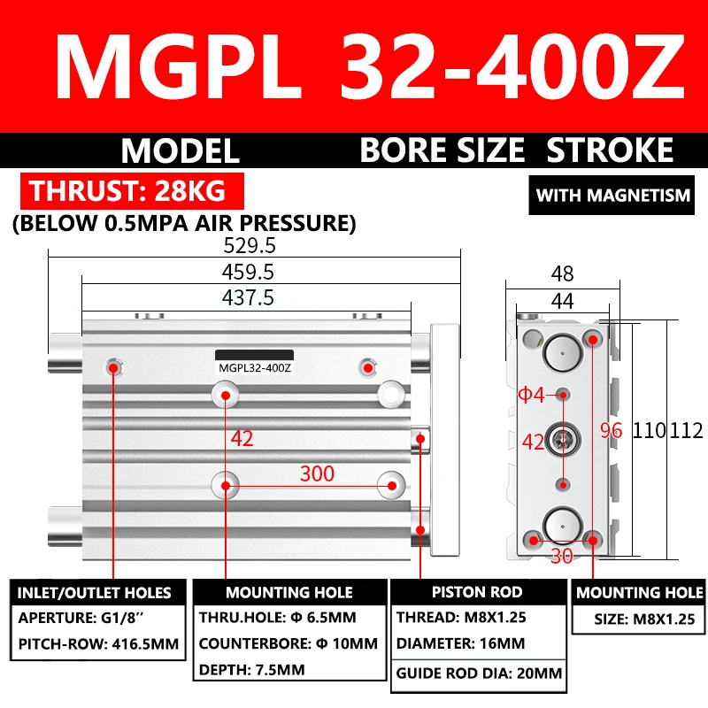 ABILKEEN MGPL Series Pneumatic Compact Guide Cylinder MGPL32-400Z 32MM Bore X 400MM Stroke Three Axis Three Rod Air Cylinder