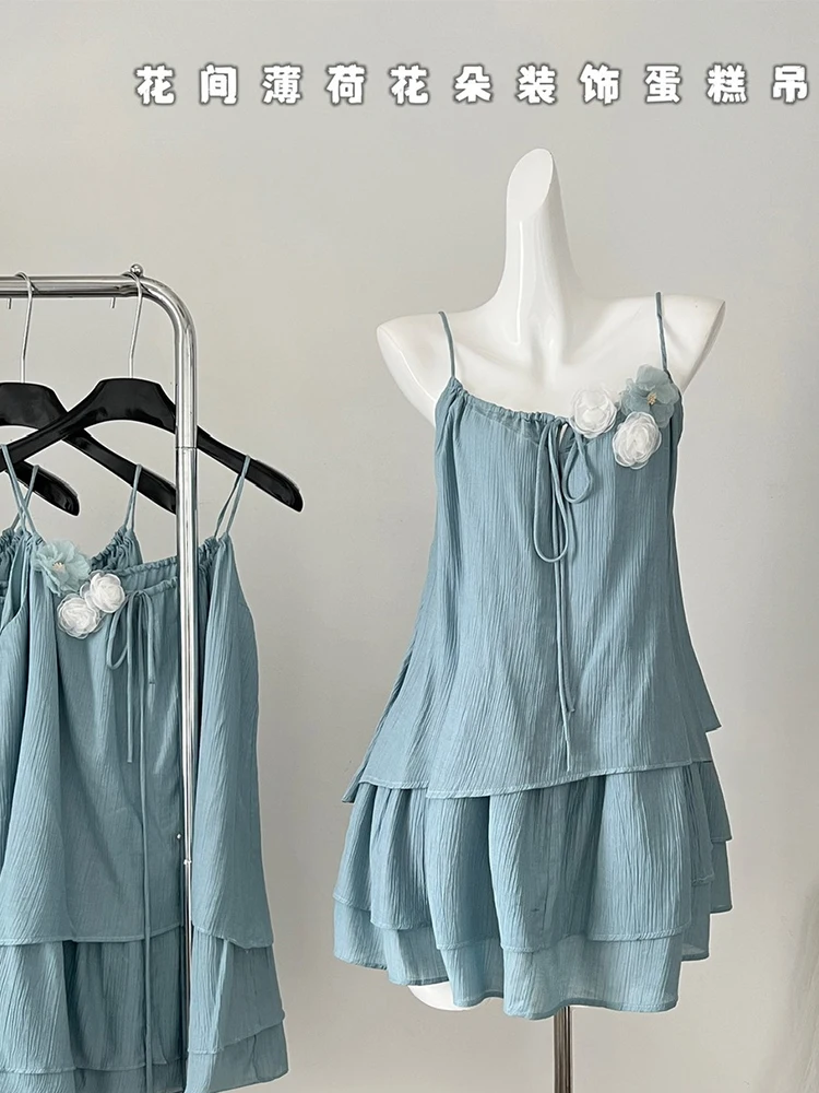 

Summer French Vintage Spaghetti Strap Mini Dress Cute Core Women Mori Girl Romantic Frock One-Piece Evening Party 2000s Fairy