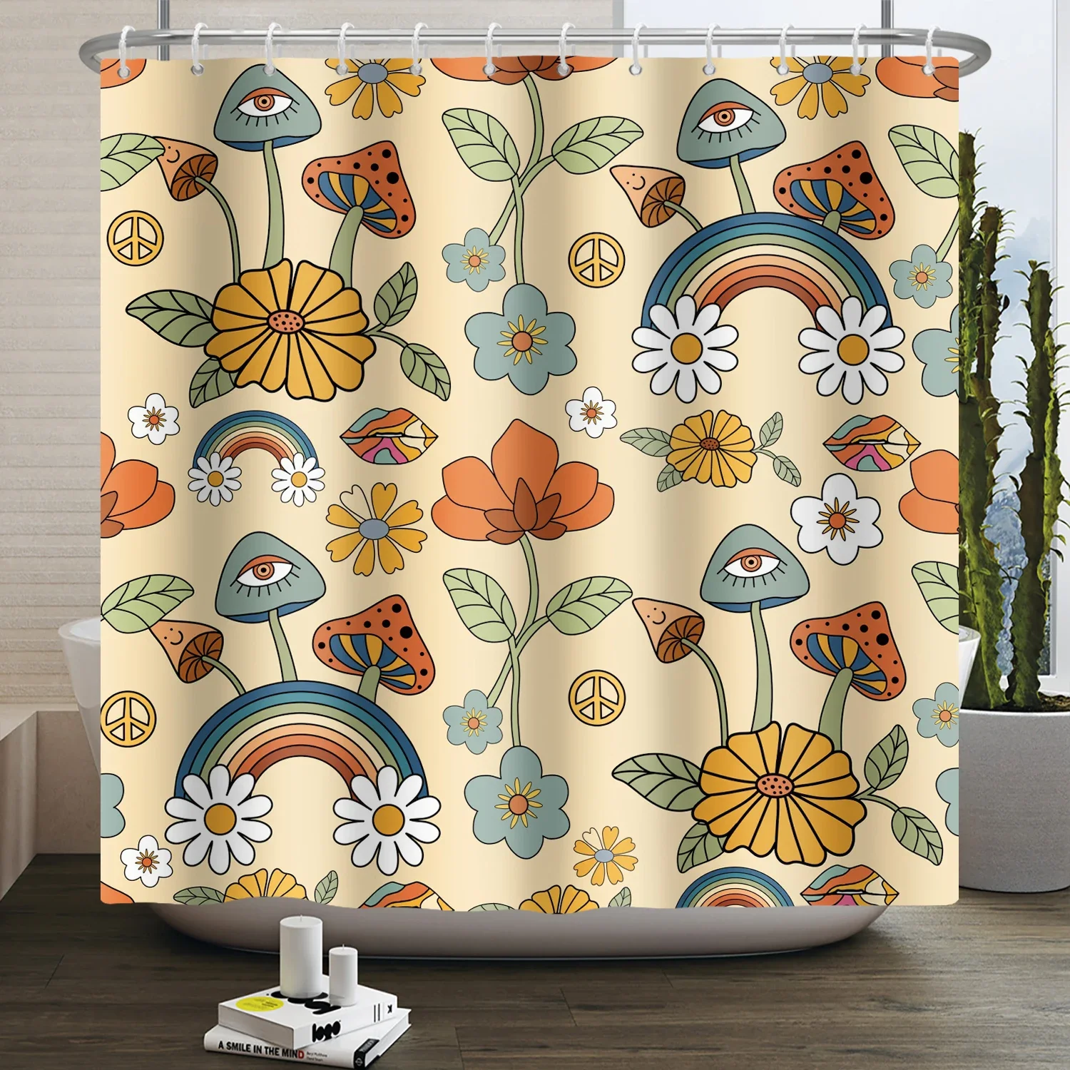 Vintage Rainbow Mushroom Shower Curtain Funny 70s 80s Retro Trippy Abstract Boho Floral Hippy Bathroom Curtain Decor