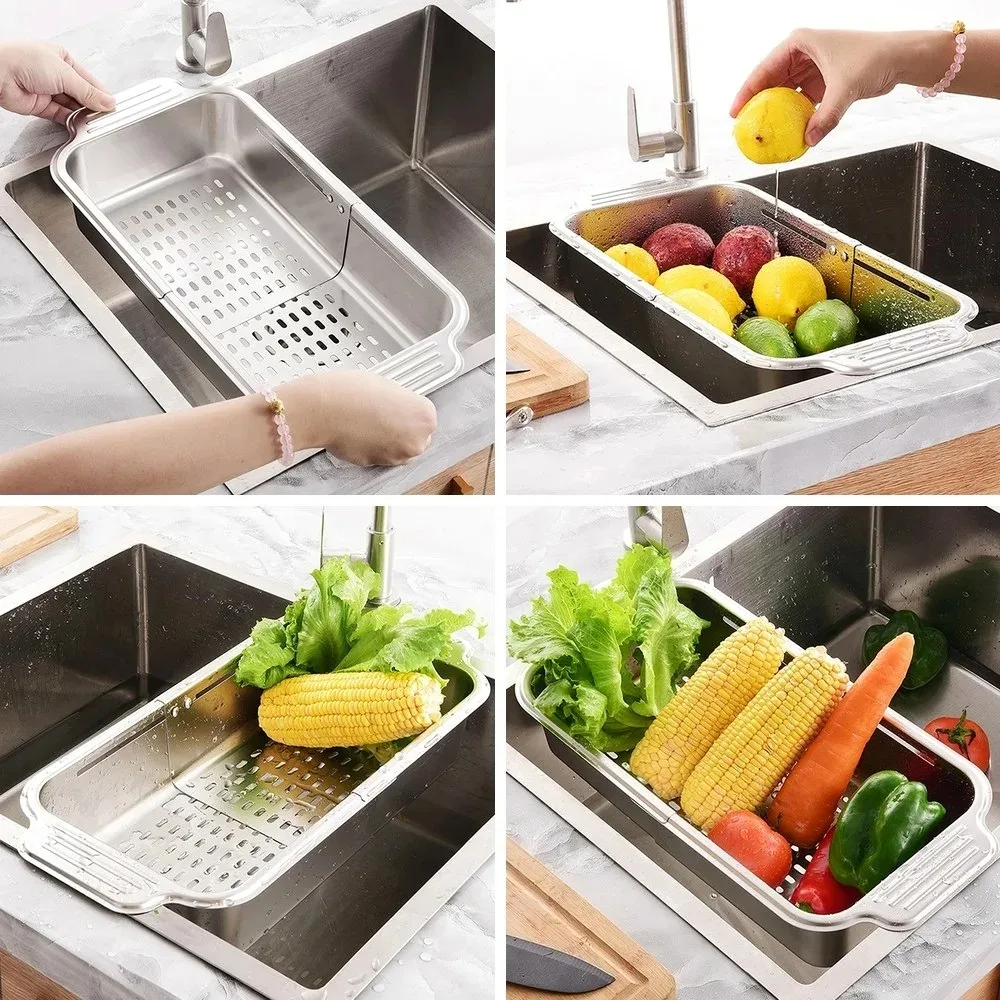 

Stainless Steel Drain Basket Retractable Sink Strainer Basket For Washing Basin Bowl Chopsticks Plate Sink Drain Tray