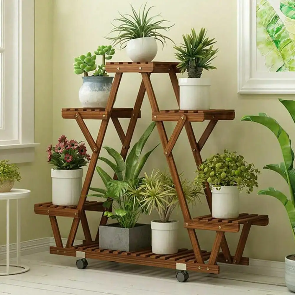 6 Tier Mobile Wood Plant Stand Sturdy Triangle Flower Rack 360° Detachable Wheel