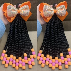 2PCS  Hair 2024 New Little Girls Braided Ponytails with Beads Kids Girls Hair Bow Glitter Shinny Shining with Big Balls Bubbles