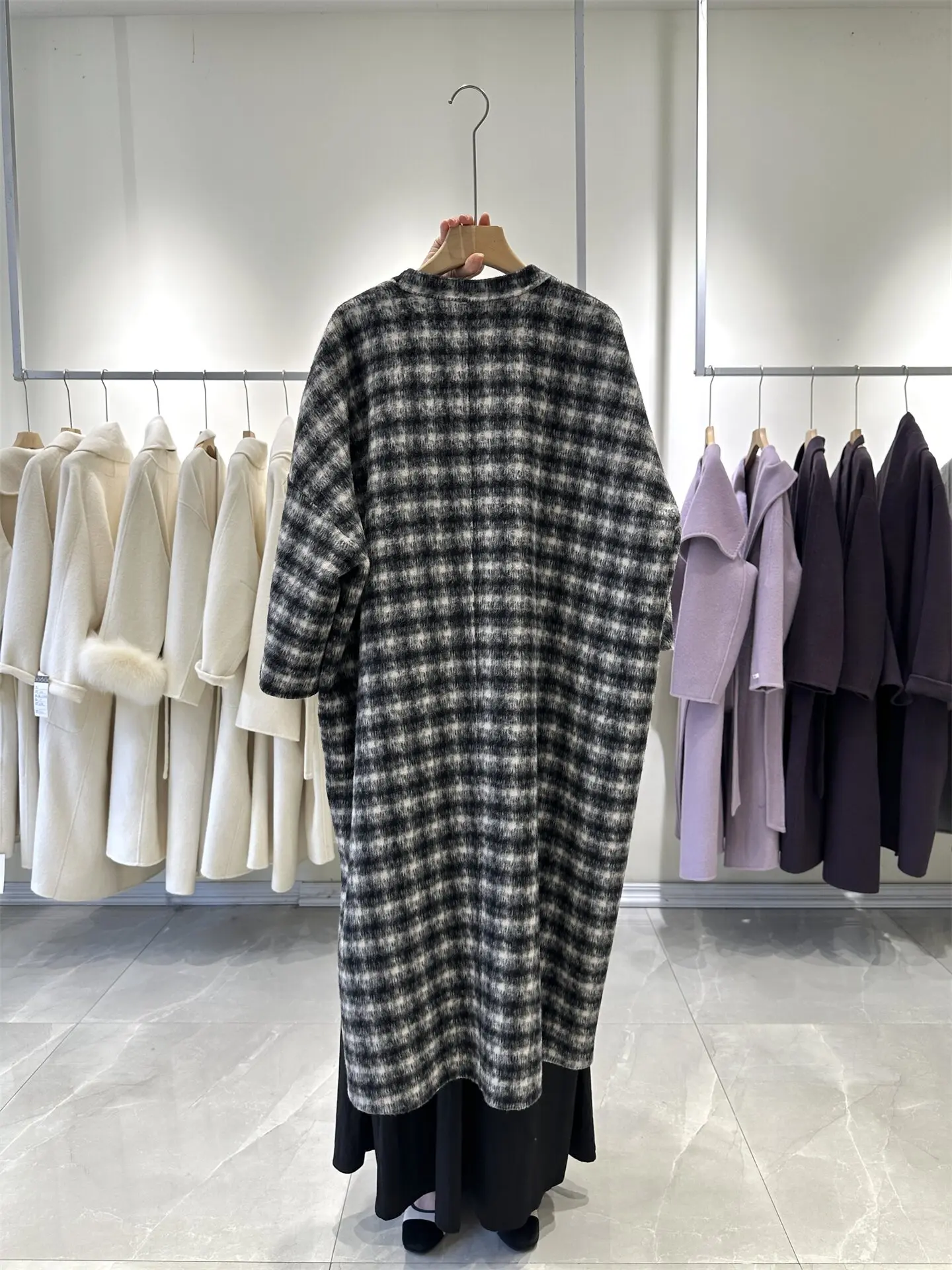 Women New Fall Winter Luxury Camel Hair Korean Gingham Double Faced Wool Long Cape Coat Stand Collar Bow Tie Loose Warm Outer