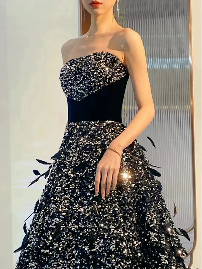 Black Shinny Luxury Celebrity Dress Strapless Sleeveless Ball Gowns Sequin Floor Length Slim Waist Evening Party Prom Gowns