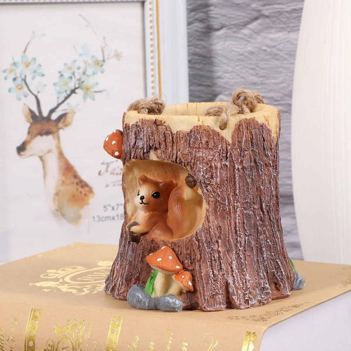 Stump Shape Resin Flowerpot Animal Pattern Durable Resin Ornament Home Office Succulent Plant Container Tool Hanging Strap Basin