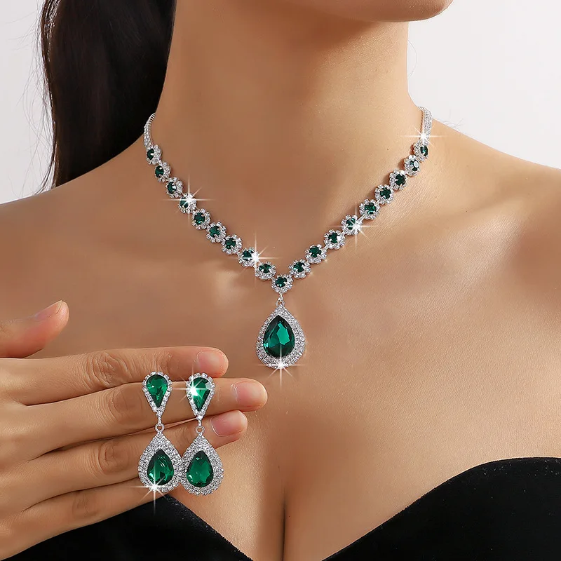 FYUAN Luxury Red Green Blue Crystal Necklace Earrings For Women Water Drop Pendant Wedding Bride Jewelry Sets