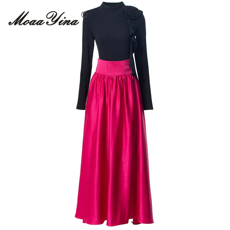 

MoaaYina Autumn Round Neck Long Sleeved Applique Hanging Ruffle Edge Top+Bow Solid Color Skirt Two-Piece Set