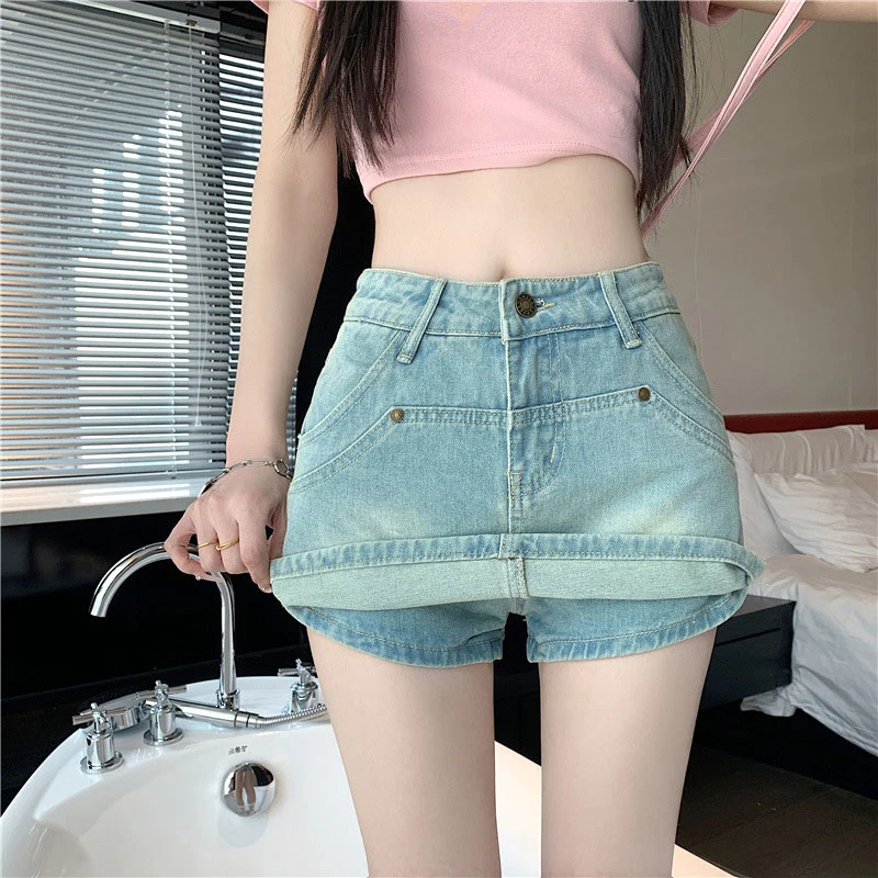 

Short skirt female ins style Korean version of the a-line high waist fashion design half body anti-glare package hip cowboyskirt