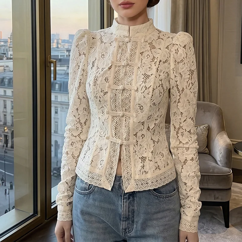 EINY Elegant Summer Lace Crochet Tops Female Hollow Out Fashion Commute Vintage See-Through Blouse Women's Lace Shrug Shirts y2k