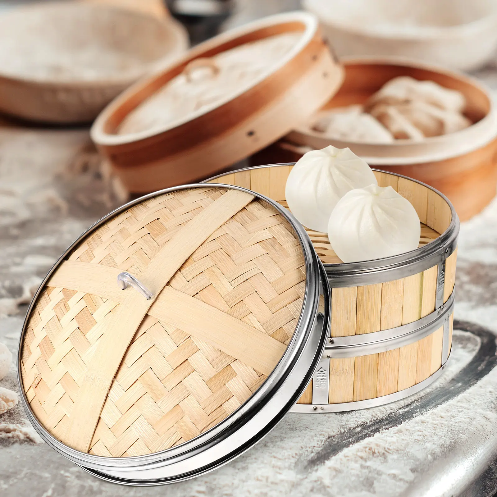 

2 Tier 26cm Stainless Steel Bamboo Steamer Basket for Cooking Dumplings Buns Potatoes Corn Vegetables Heat Resistant