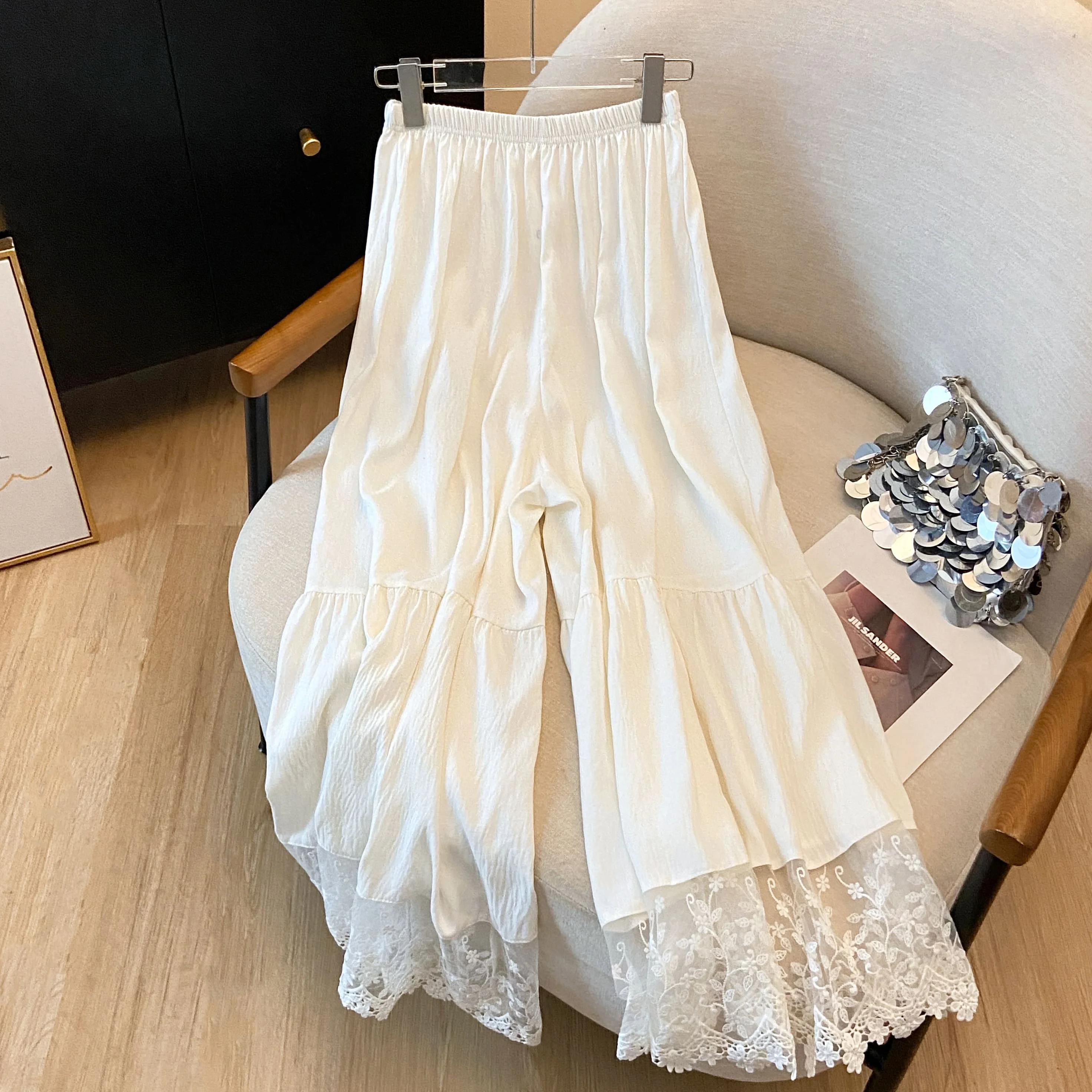 

Свободные женские брюки-юбка с кружевной сетчатой отделкой, широкие штанины, в стиле Ханьфу, нижнее белье, базовый слой, летний милый стиль