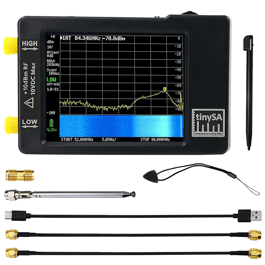 

Upgraded TinySA Spectrum Analyzer Portable Frequency Analyzer Touch Screen Signal Generator 0.1-350MHZ MF/HF/VHF, 240-960MHZ UHF