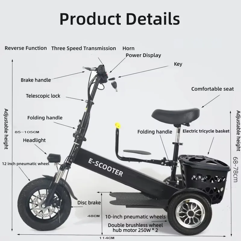 【2026】3 Wheel 2 Seats Folding Mobility Electric Scooter Waterproof For Adults City Lightweight 500 W Mini Fat Tire Electric Tric view 4