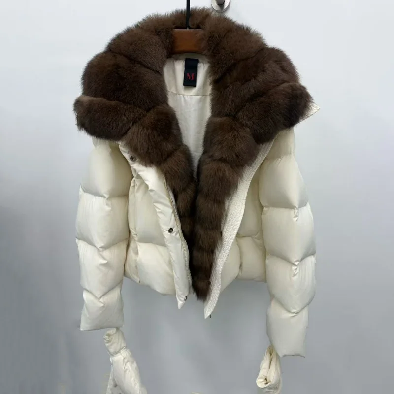 Alta qualidade inverno novo feminino gola de pele de raposa com capuz jaqueta y2k moda casual grosso quente ganso para baixo casaco luvas quentes