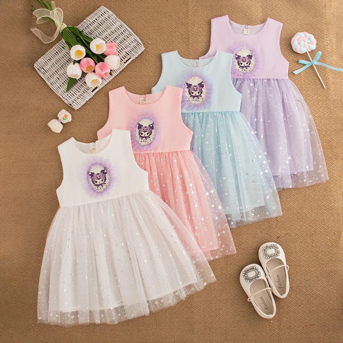 Girls Dress Summer Cartoon Pattern Sequins Sleeveless Puffy Girl Costume Cute Gorgeous Children's Dresses Kids Princess Dresses