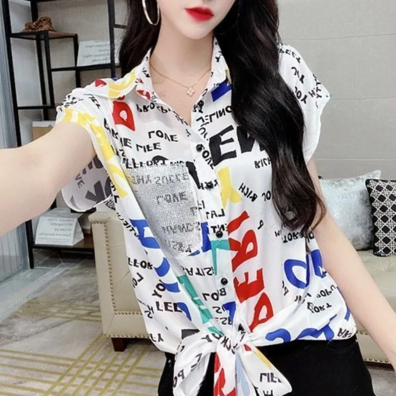 Simplicity Office Lady Summer Women\'s POLO Collar Printing Diamonds Button Lacing Fashion Loose Short Sleeve Chiffon Shirt Tops