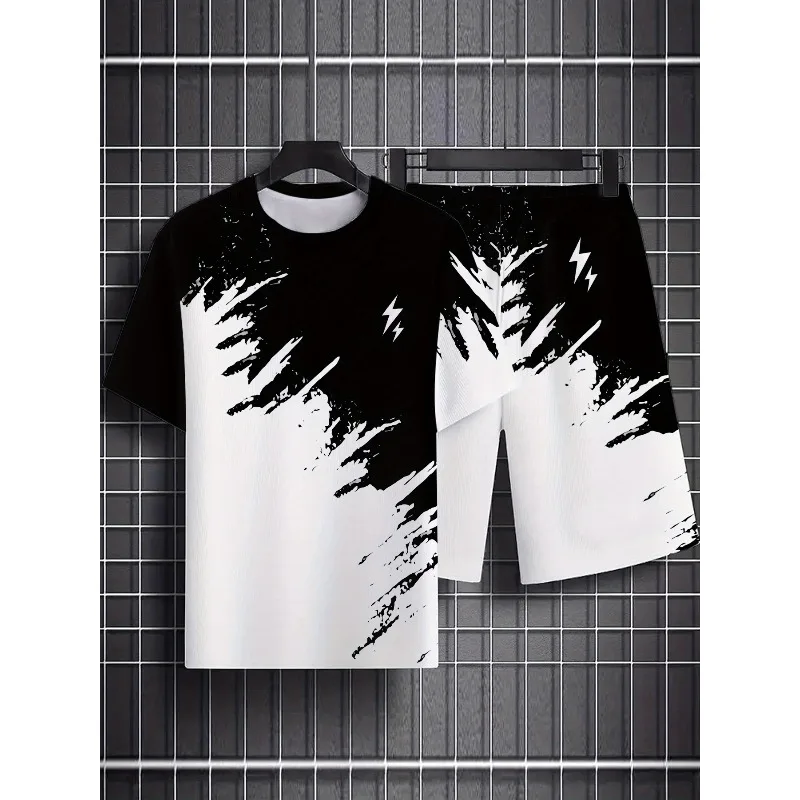 Summer 2025 3D Printed Casual Sports Set Breathable Outdoor Men's Round Neck Short Sleeved T-shirt Shorts Set