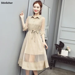 Summer Mesh Plaid Shirt Dress Women Korean Fashion Ladies Work Casual Long Party Dress Female Belt Bandage Vestidos