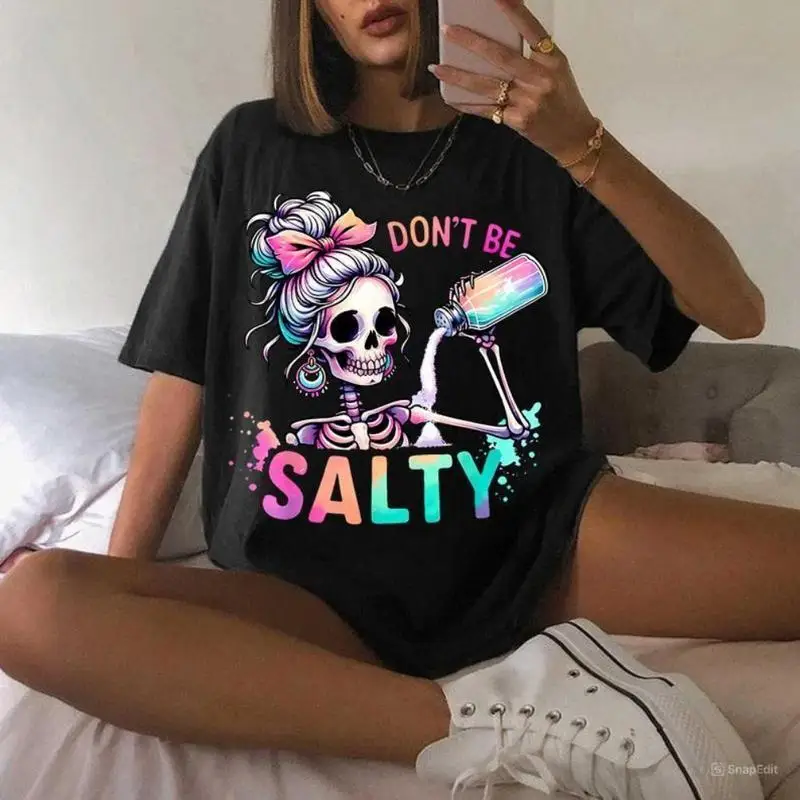 

Don’t Be Salty Skeleton Girl T-Shirt – Neon Pastel Hair Bun Graphic Tee for Women, Trendy Oversized Tee with Sassy Quote, Summer