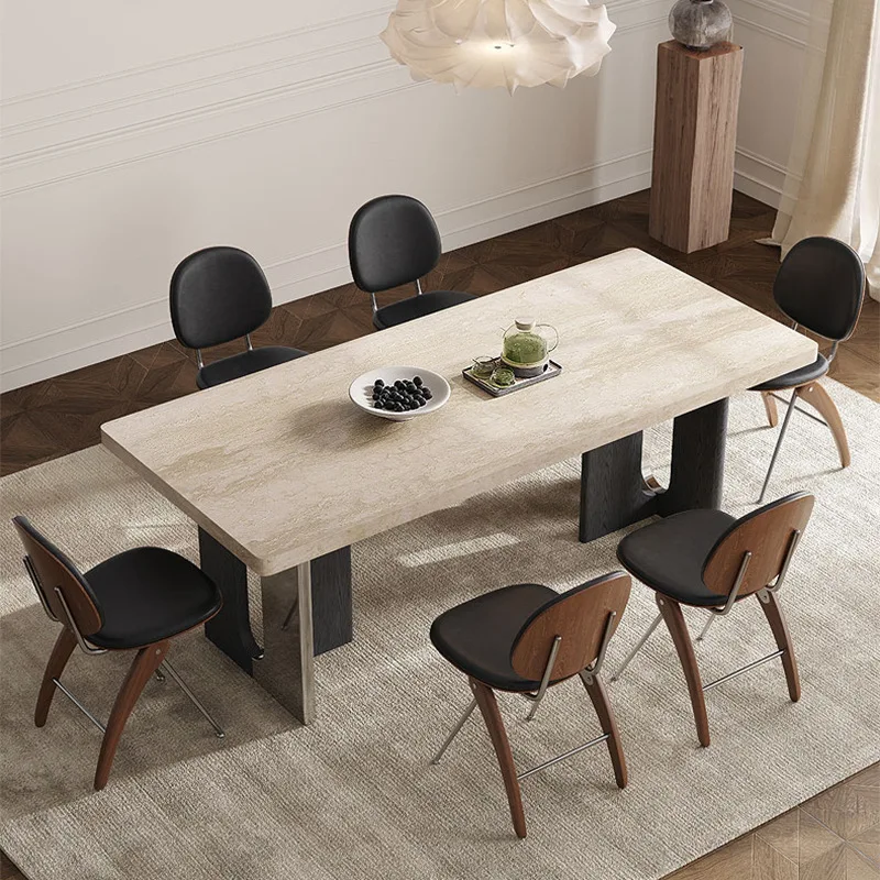 Retro travertine rock slab dining table household small apartment modern simple designer villa hanging dining table under the an