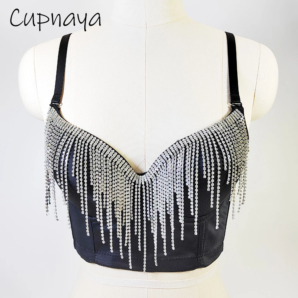 Cupnaya Sparkle Rhinestones Fringes Women Sexy Bustier Bra Padded Push-Up Short Corset Club Pole Dancer Tassel Crop Tops