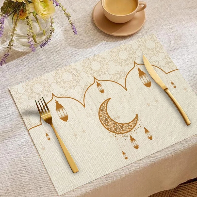 Festive Atmosphere Decoration Western Placemat Moon Oil Lamp Print Linen Meal Mat Tableware Anti Scalding Heat Insulating Mat