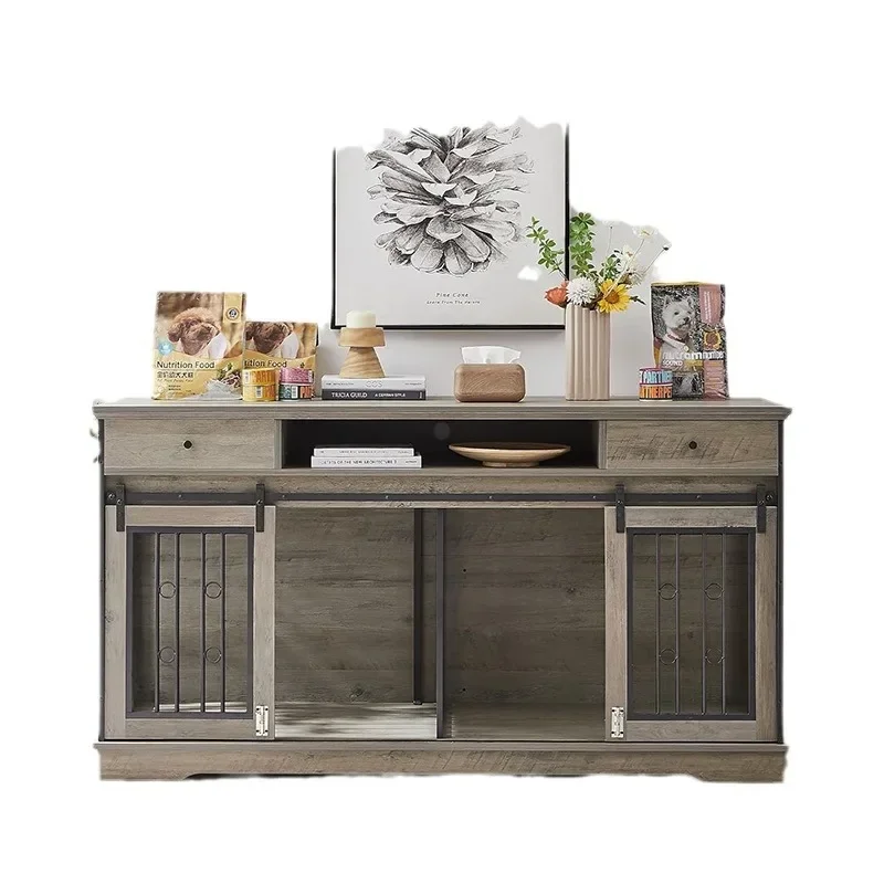 2 Doors Large Dogs Kennel Wooden Heavy Duty Dog Cage Crate with Draws End Table Wood Pet House Furniture Indoor for 2 Large Dogs