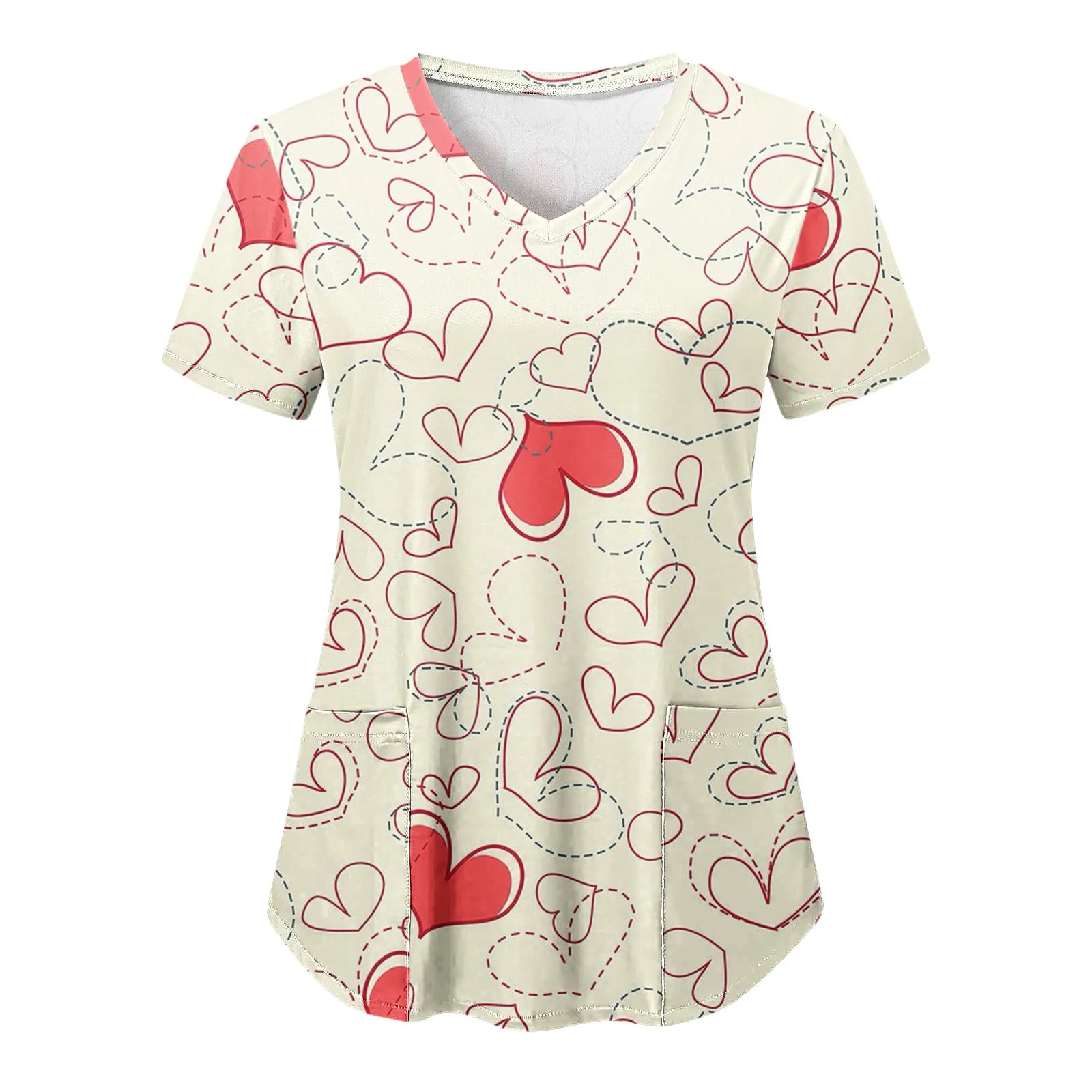 

Beige Nurse Uniform Women Scrubs Colorful Heart Print Working Bloused Pocket Medicals Nursing Beauty Salon Pet Grooming Uniforms