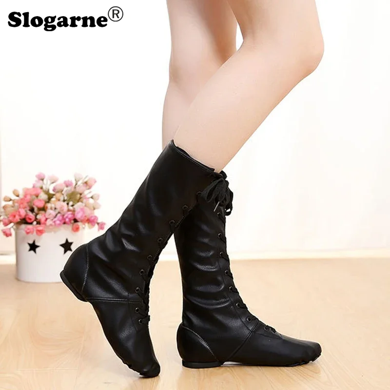 Children Jazz Boots Girl Boy PU Leather Dance Boots Stage Performance Women Modern Show Ballet Dance Shoe Soft Soles Yoga Shoes