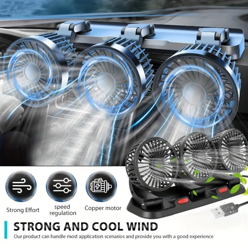 Car Fan Three-Head USB 3-Speed Adjustable 360-Degree Rotation Suitable For Car Cooling Powerful Fan With Hidden Aromatherapy Box